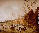 Famous Playing Paintings - A Winter Landscape With Skaters, Children Playing Kolf And Figures With Sledges On The Ice Near A Bridge